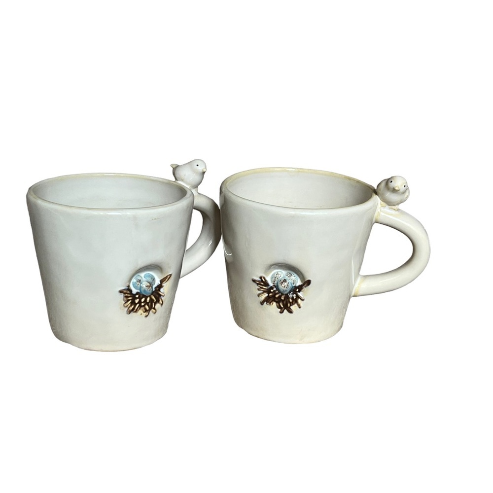 POTTERY barn ceramic robin egg nest mugs bird on handle pair.